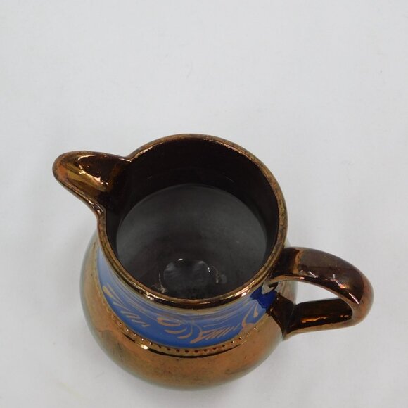 Staffordshire Copper Lustreware Creamer 3 1/4" tall Pitcher Blue Band Bead FLAW - Picture 5 of 7